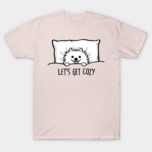 Let's Get Cozy Cute White Pomeranian T-Shirt by Coffee Squirrel